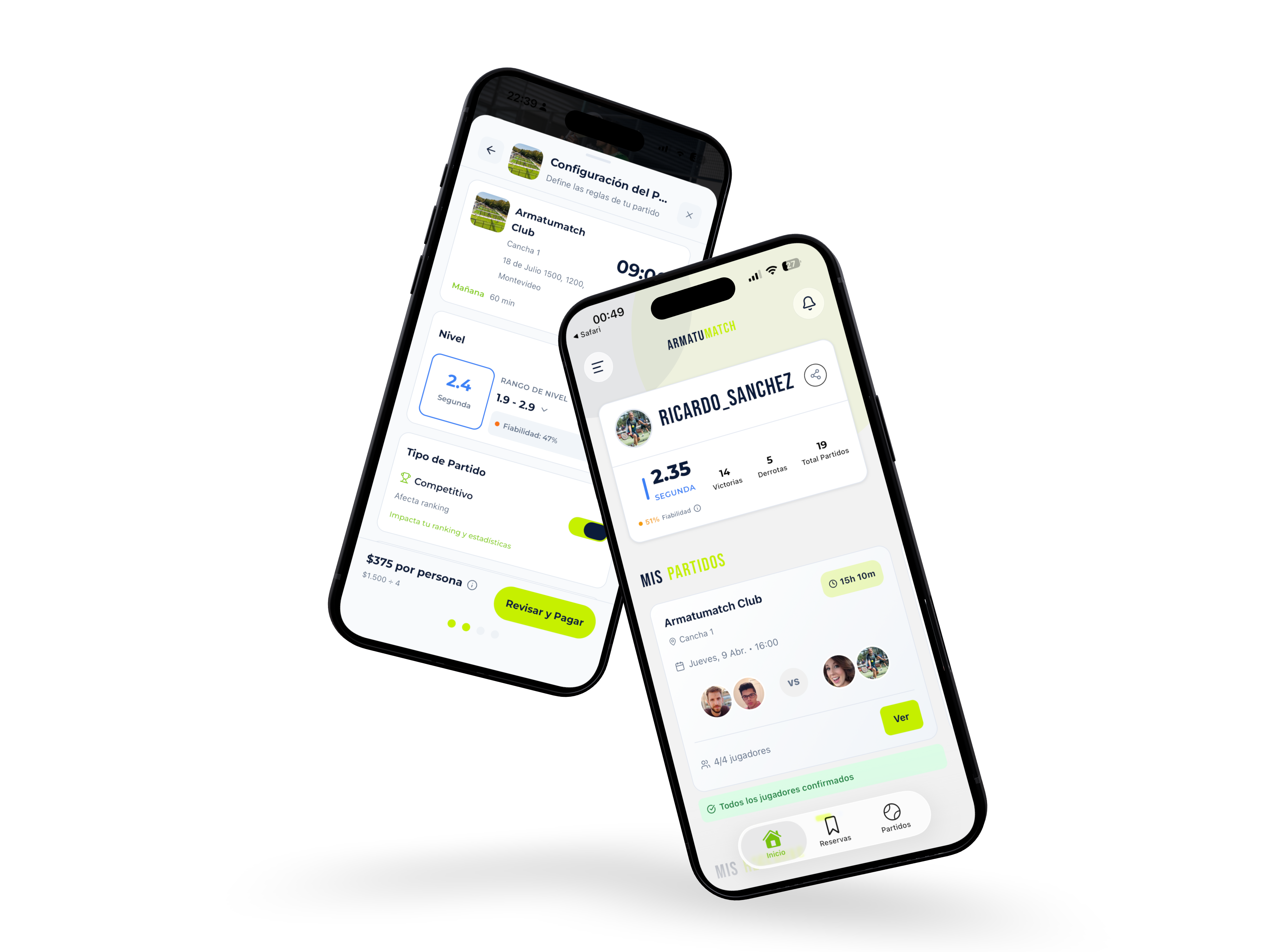 armatuMatch app shown on a smartphone — browse and join padel matches by skill level
